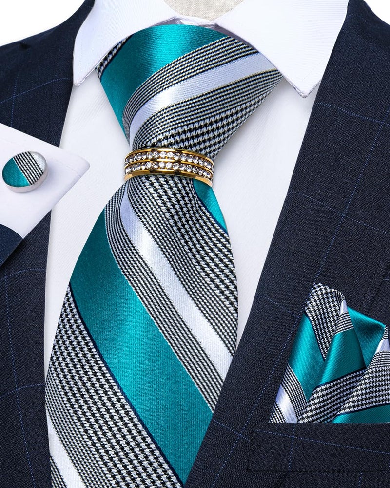 DiBanGu Mens Tie Set Silk Necktie and Gold Tie Ring Pocket Square Cufflinks Formal Business Wedding Ties with Gift Box, Teal and Grey - Image 3